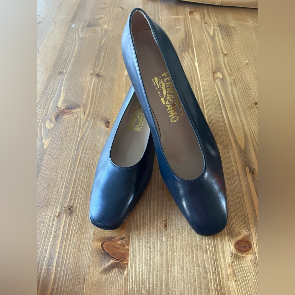 Salvatore Ferragamo Women's Blue BG Vintage Leather Block Heels